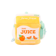 Left side of Anirollz orange juice carton plush with printed juice label