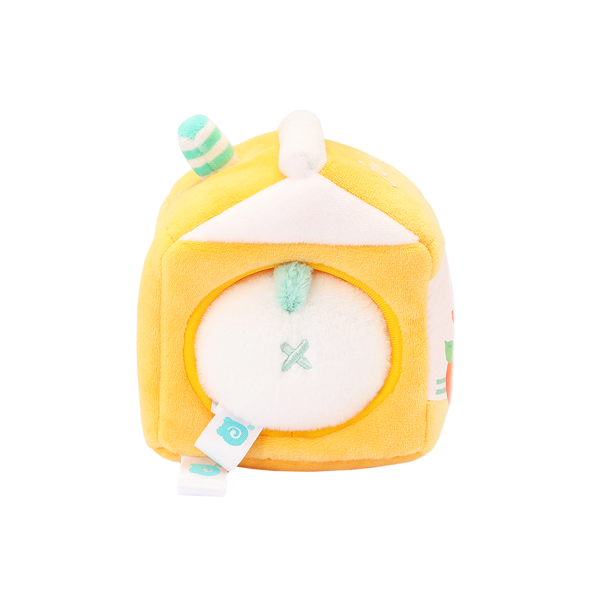 Back of Orange Juice Pandaroll plush showing the panda’s tail through the carton opening