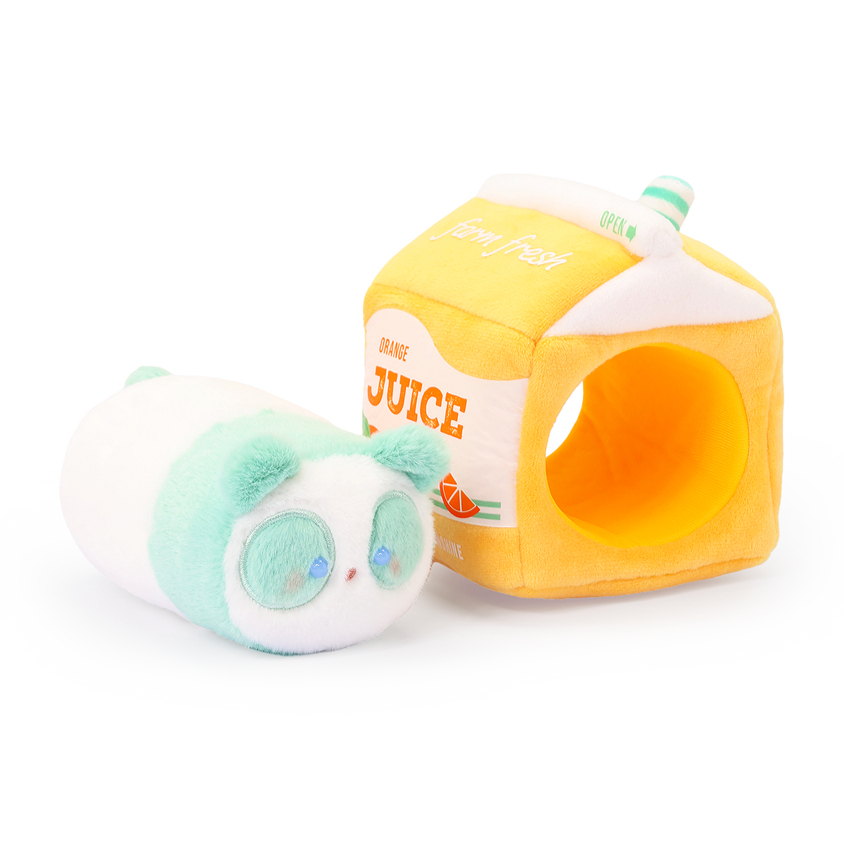 Pandaroll panda plush shown outside its removable orange juice carton Outfitz to show it is two pieces