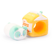 Pandaroll panda plush shown outside its removable orange juice carton Outfitz to show it is two pieces