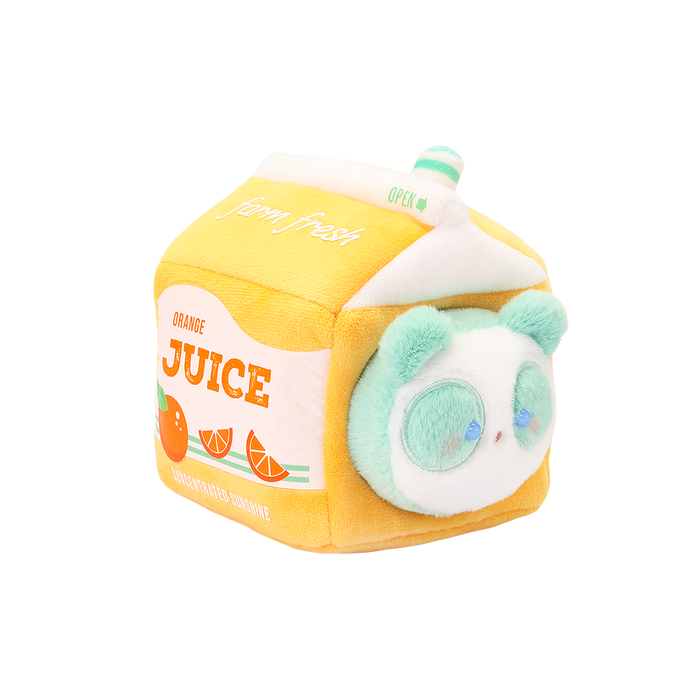 Orange Juice Pandaroll plush: panda peeking out of a pastel orange juice carton outfit