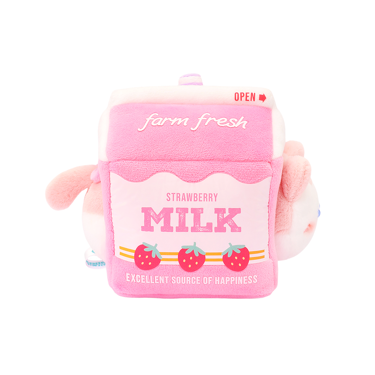 Left side of Anirollz pink strawberry milk carton plush with “MILK” label and three printed strawberries