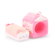 Kittiroll cat plush shown outside its removable strawberry milk carton Outfitz to show it is two pieces