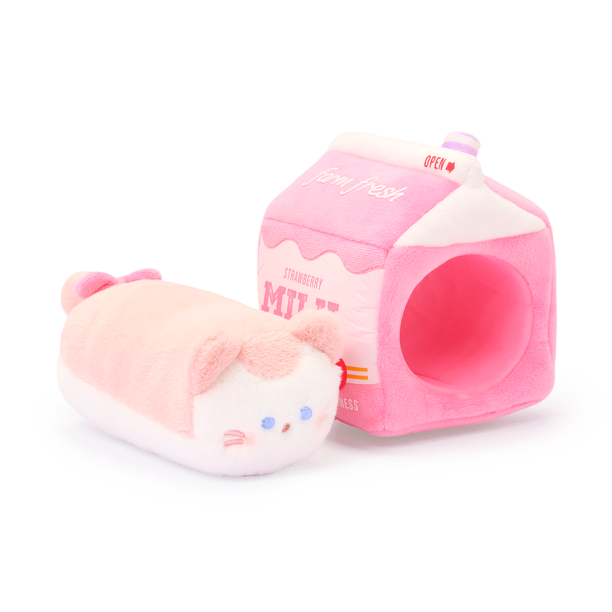 Kittiroll cat plush shown outside its removable strawberry milk carton Outfitz to show it is two pieces