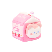 Strawberry Milk Kittiroll plush: pink and white kitty peeking out of a pink strawberry milk carton outfit