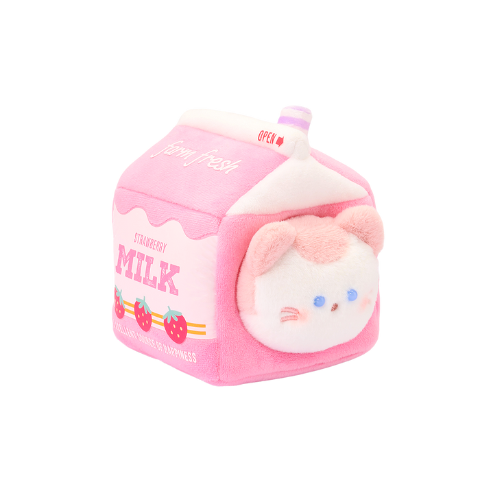 Strawberry Milk Kittiroll plush: pink and white kitty peeking out of a pink strawberry milk carton outfit